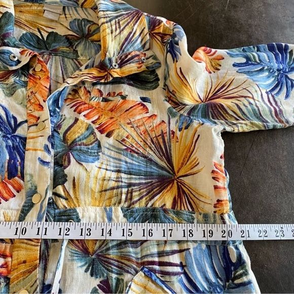 Chicos Jacket Women PMedium Linen Palm Print Snap Front Safari Roll Tab Sleeve - Picture 11 of 12